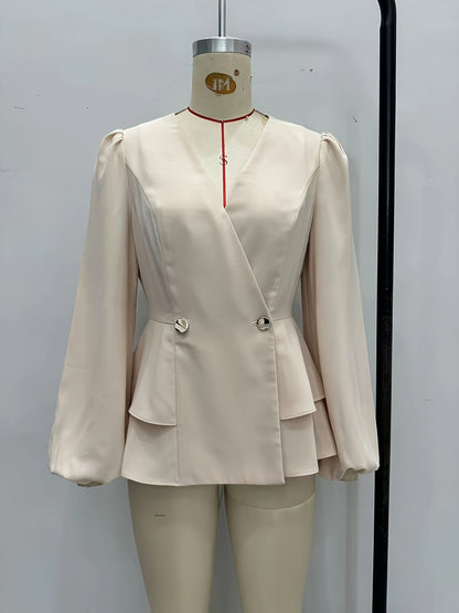 Solid Cross-Collar Peplum Top with Lantern Sleeves