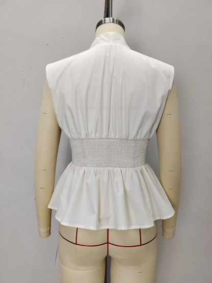 Sleeveless Peplum Top with Deep V-Neck and Front Zipper
