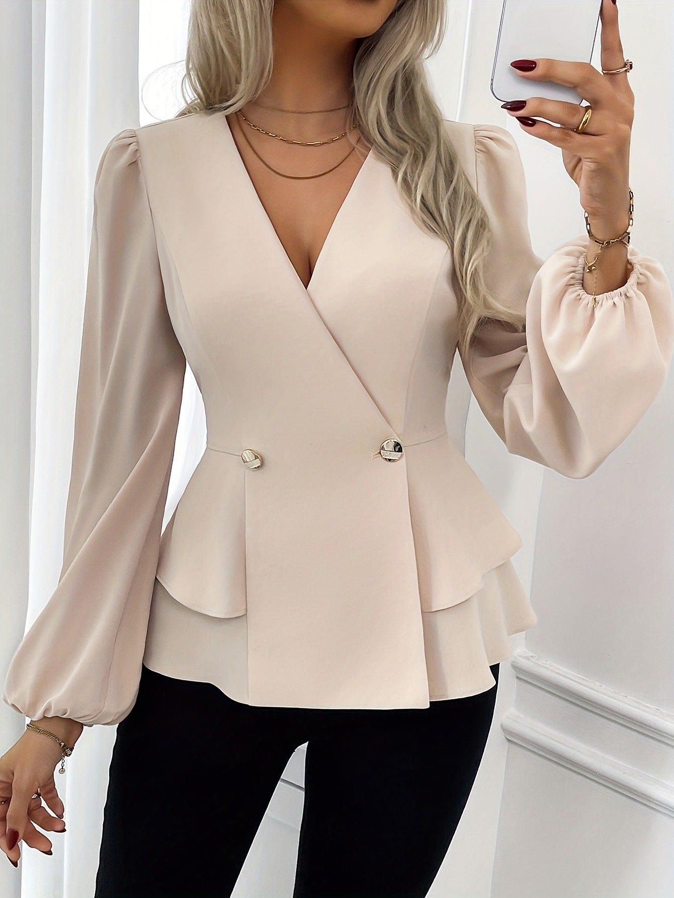Solid Cross-Collar Peplum Top with Lantern Sleeves