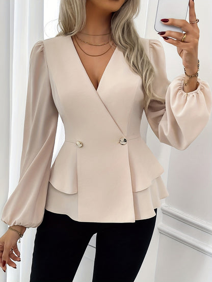 Solid Cross-Collar Peplum Top with Lantern Sleeves