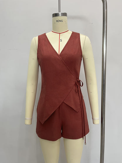 Solid Linen Blend Sleeveless Wrap Top and Shorts Set