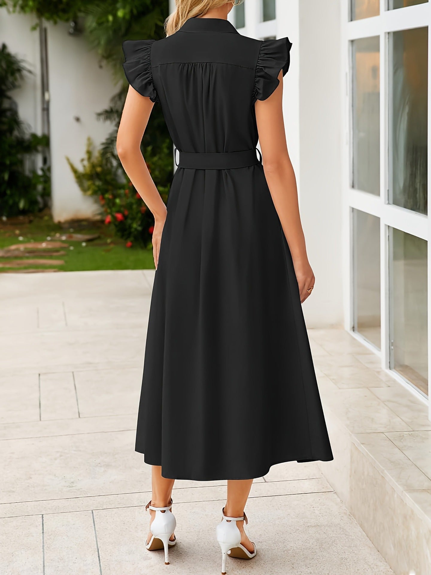 Solid A-Line Midi Shirt Dress with Ruffle Sleeves and Belt