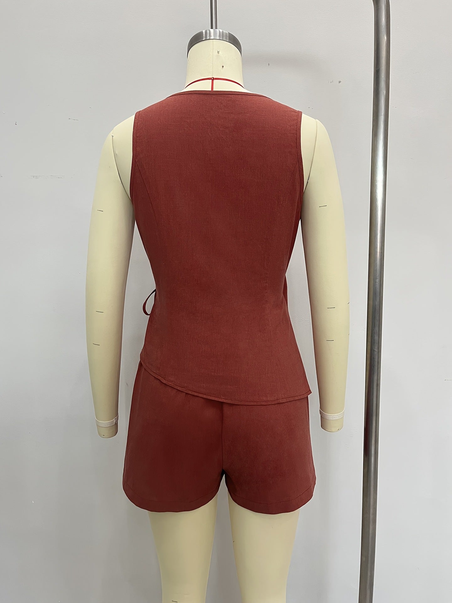 Solid Linen Blend Sleeveless Wrap Top and Shorts Set