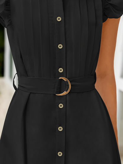 Solid A-Line Midi Shirt Dress with Ruffle Sleeves and Belt