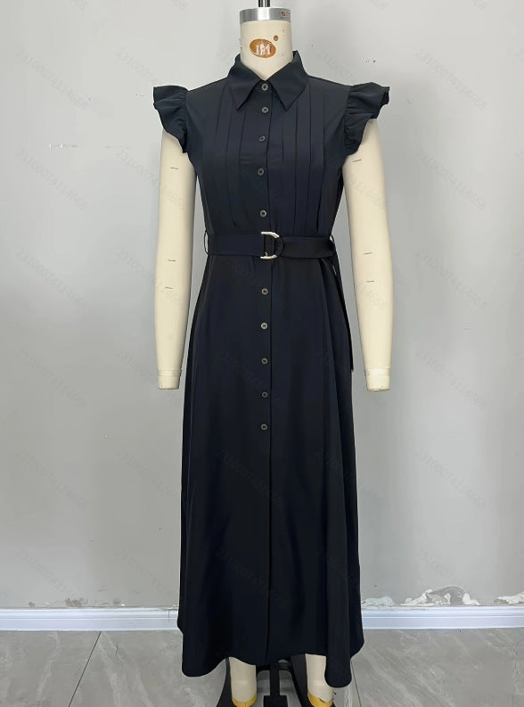 Solid A-Line Midi Shirt Dress with Ruffle Sleeves and Belt
