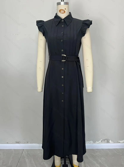 Solid A-Line Midi Shirt Dress with Ruffle Sleeves and Belt