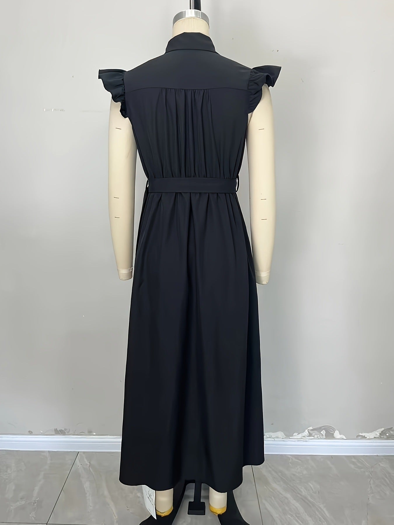 Solid A-Line Midi Shirt Dress with Ruffle Sleeves and Belt