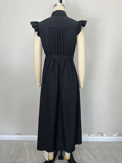Solid A-Line Midi Shirt Dress with Ruffle Sleeves and Belt