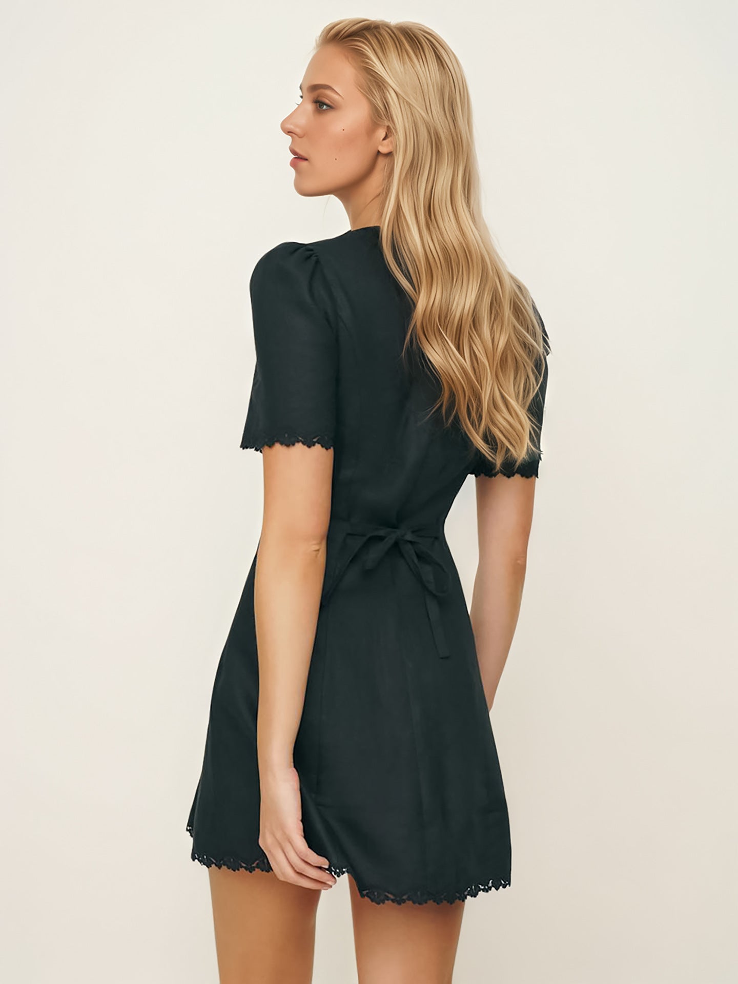 A-Line Mini Dress with Square Neck and Scalloped Trim