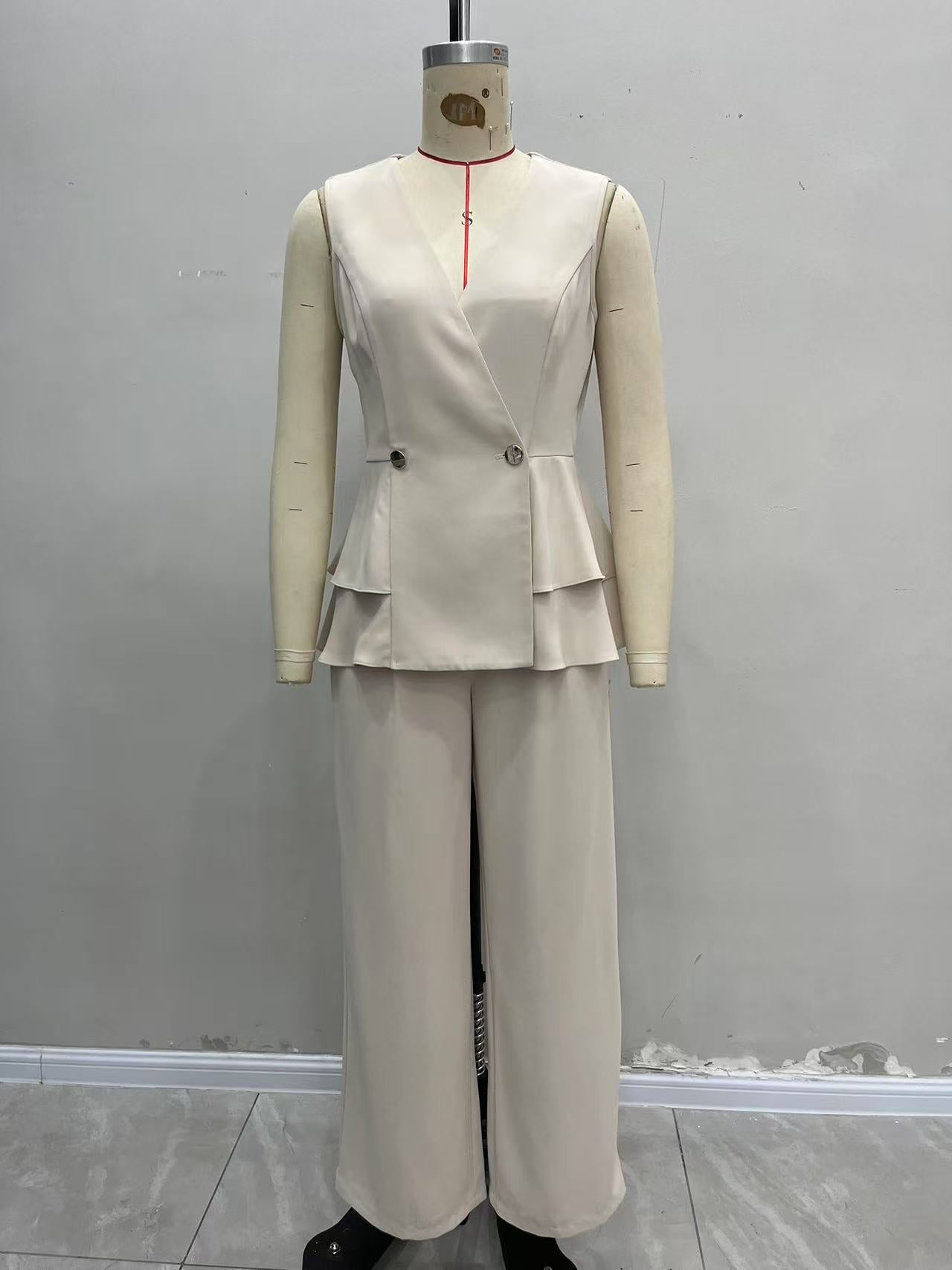 Solid Double-Breasted Peplum Top & Wide-Leg Pant Set