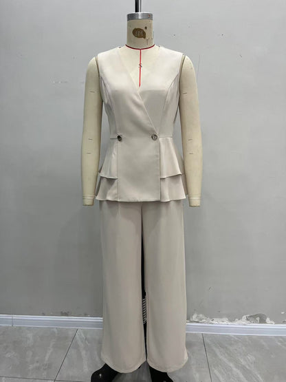 Solid Double-Breasted Peplum Top & Wide-Leg Pant Set