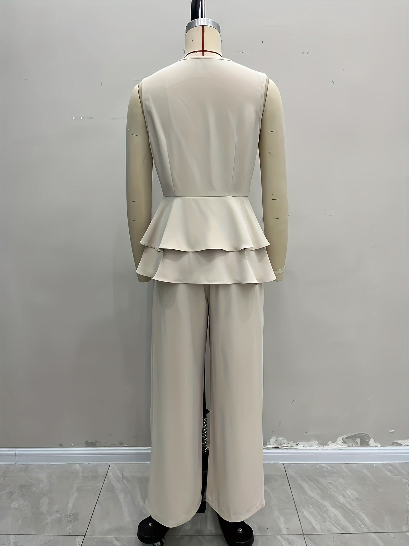 Solid Double-Breasted Peplum Top & Wide-Leg Pant Set