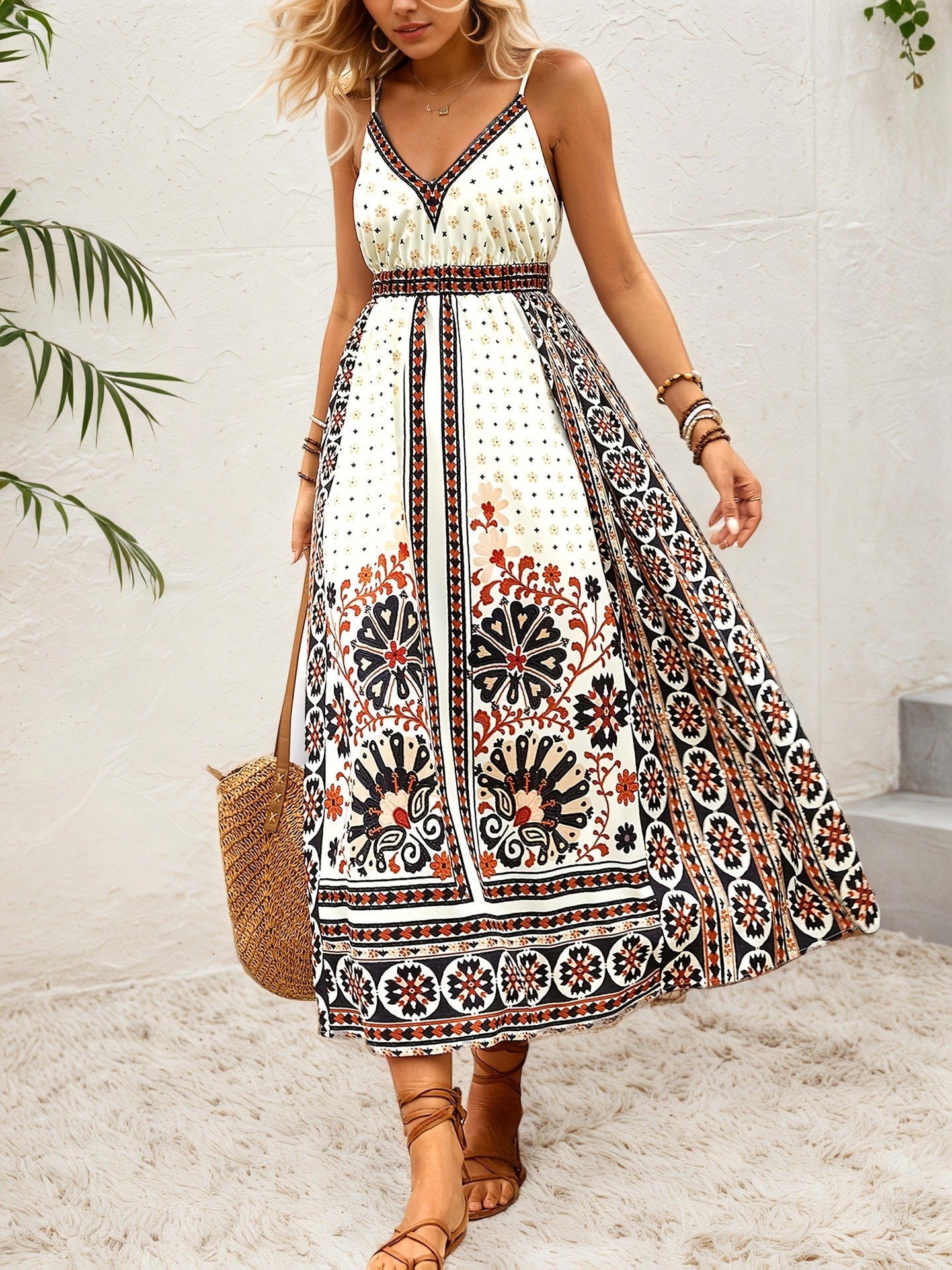 Bohemian Print Midi Dress with V-Neck and Backless Detail