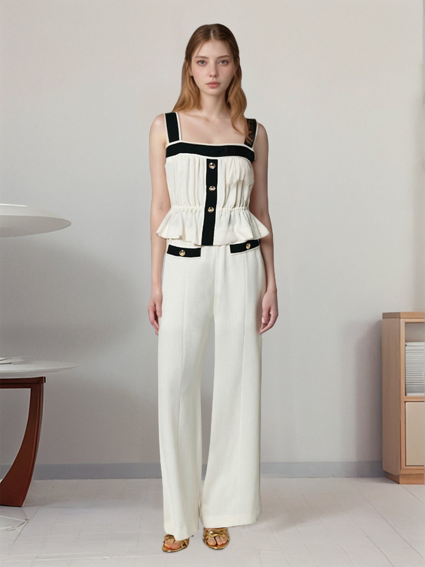 Contrast Trim Peplum Top & Wide-Leg Trousers Set with Gold Buttons