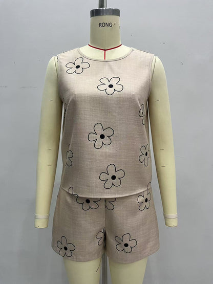 Floral Print Sleeveless Top & Shorts Set with Round Neck