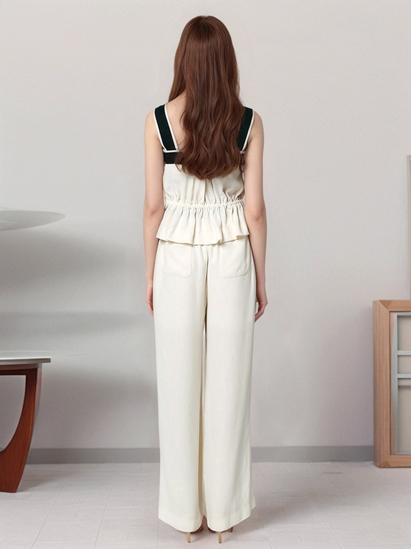 Contrast Trim Peplum Top & Wide-Leg Trousers Set with Gold Buttons