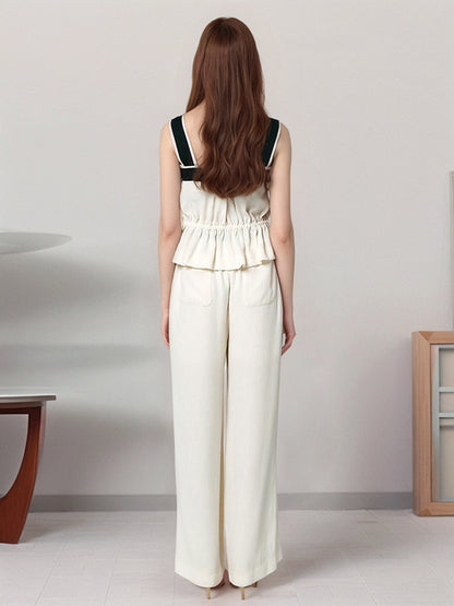 Contrast Trim Peplum Top & Wide-Leg Trousers Set with Gold Buttons