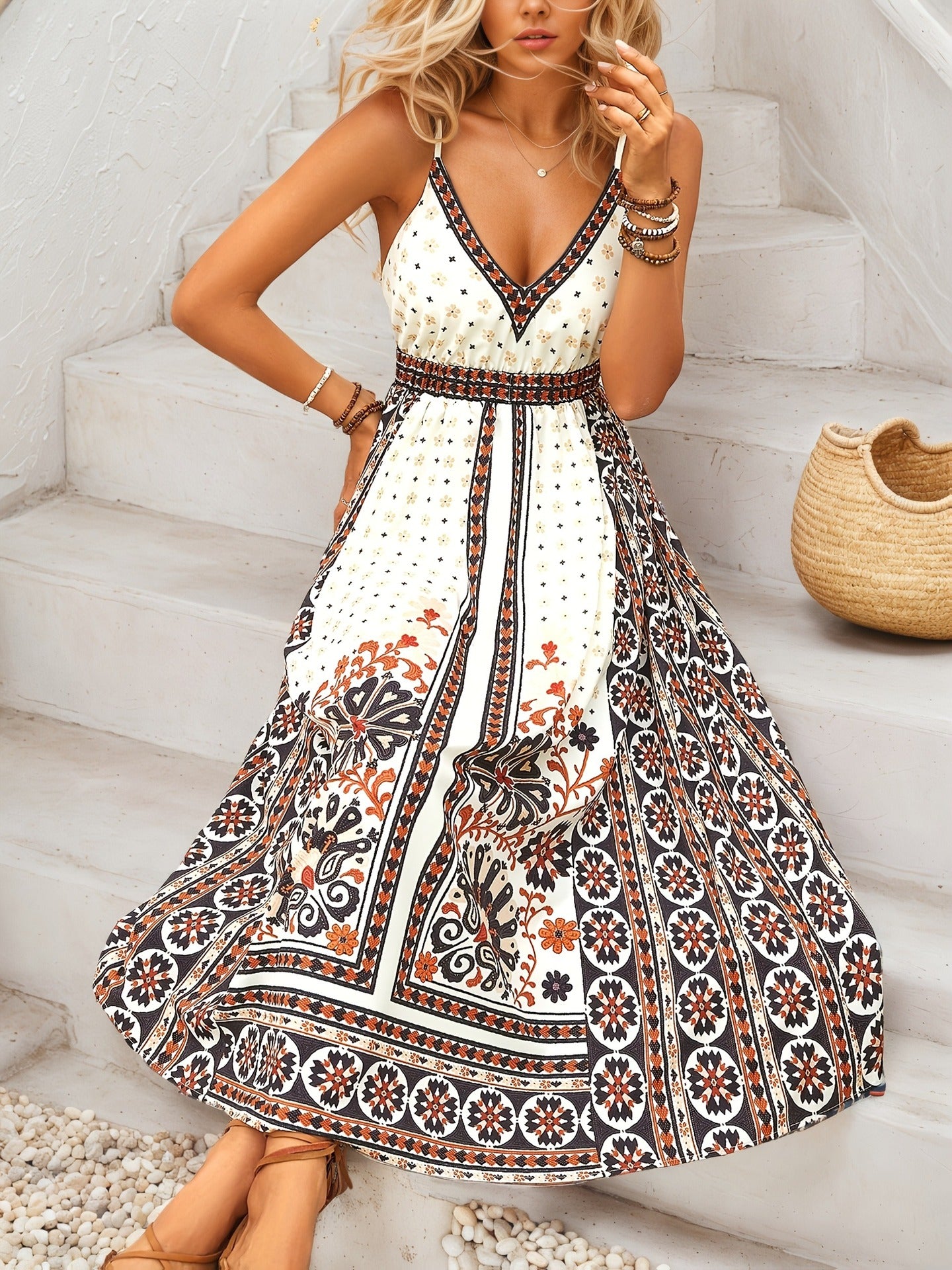 Bohemian Print Midi Dress with V-Neck and Backless Detail