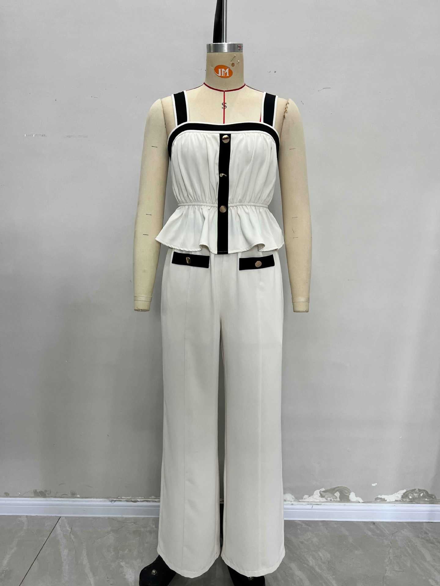 Contrast Trim Peplum Top & Wide-Leg Trousers Set with Gold Buttons