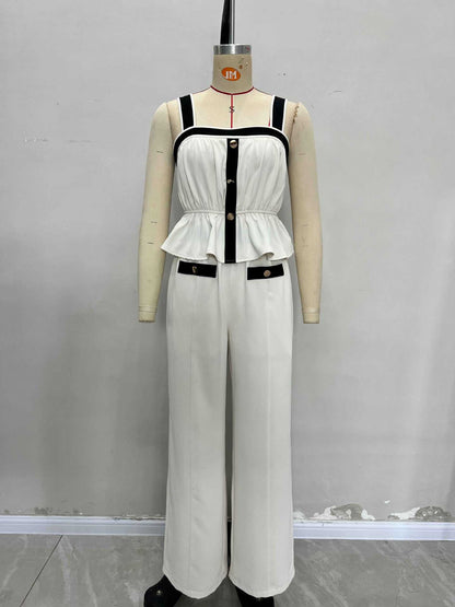 Contrast Trim Peplum Top & Wide-Leg Trousers Set with Gold Buttons