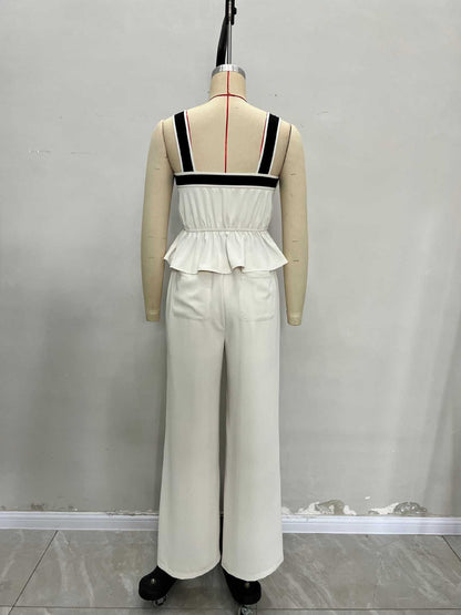 Contrast Trim Peplum Top & Wide-Leg Trousers Set with Gold Buttons
