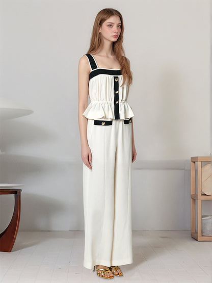 Contrast Trim Peplum Top & Wide-Leg Trousers Set with Gold Buttons
