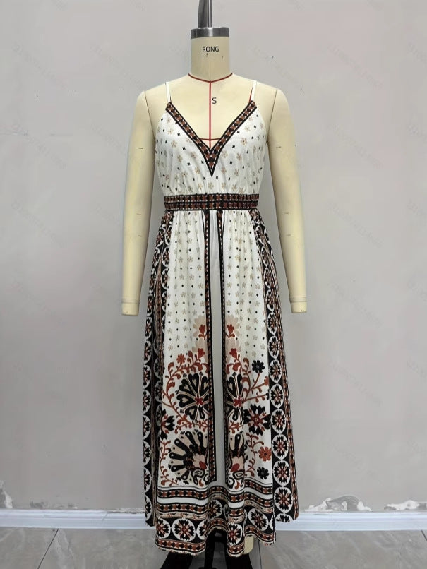 Bohemian Print Midi Dress with V-Neck and Backless Detail