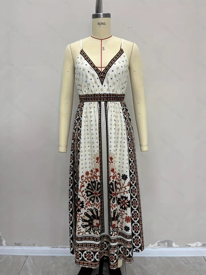 Bohemian Print Midi Dress with V-Neck and Backless Detail