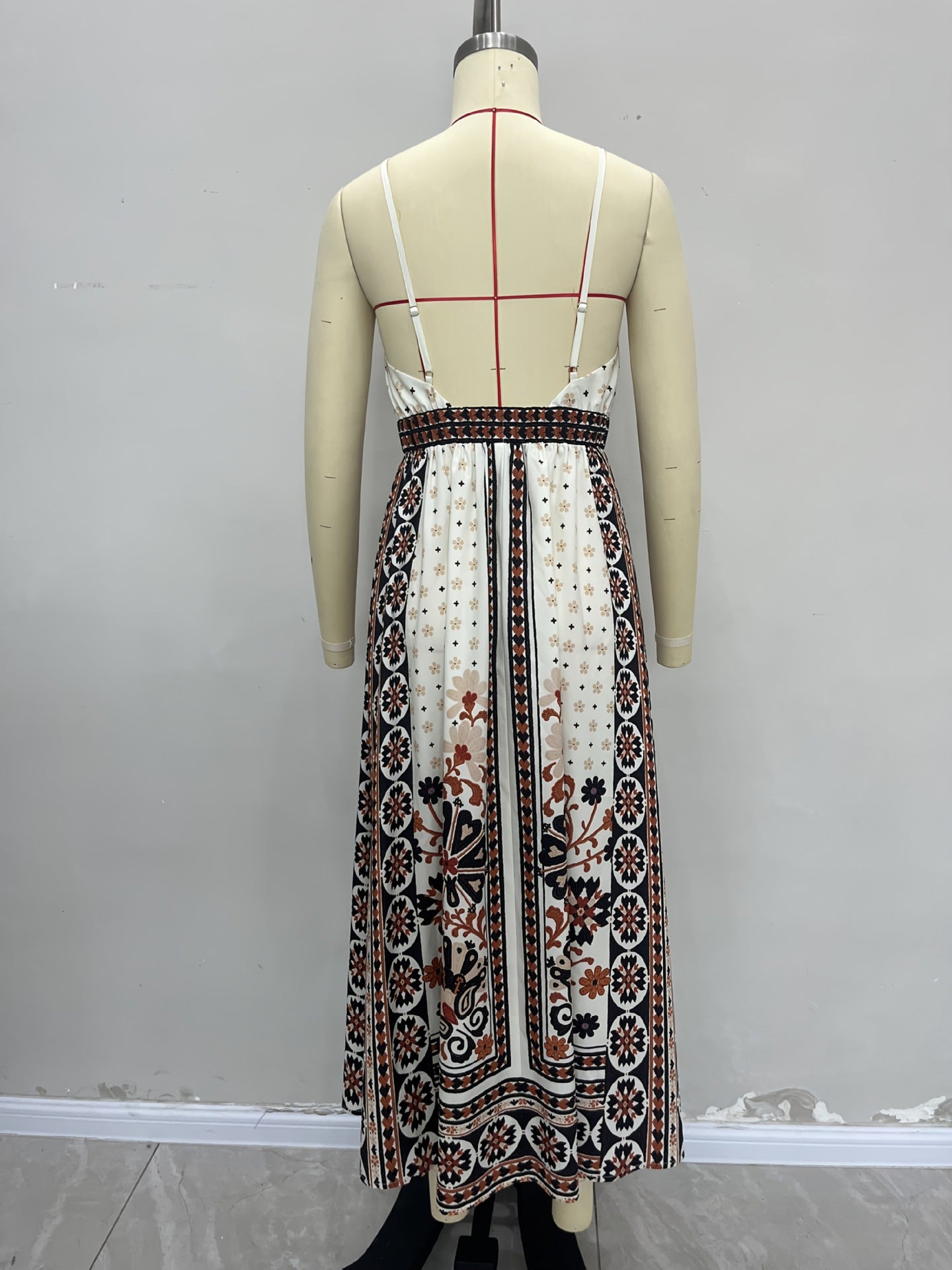 Bohemian Print Midi Dress with V-Neck and Backless Detail