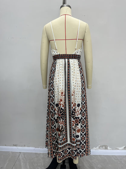 Bohemian Print Midi Dress with V-Neck and Backless Detail