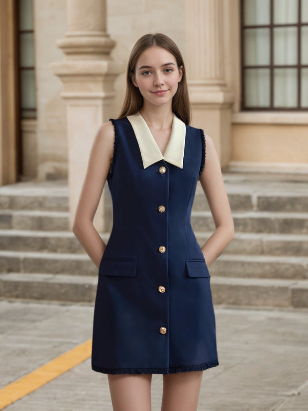 Dark Blue Sheath Dress with Contrast Collar and Gold Buttons
