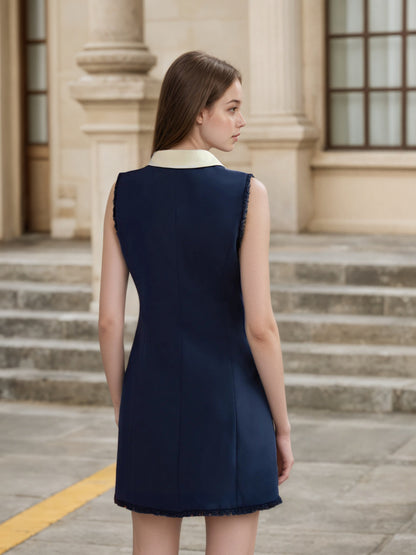 Dark Blue Sheath Dress with Contrast Collar and Gold Buttons