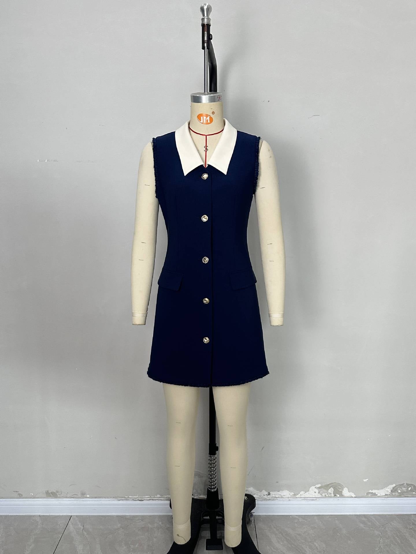 Dark Blue Sheath Dress with Contrast Collar and Gold Buttons