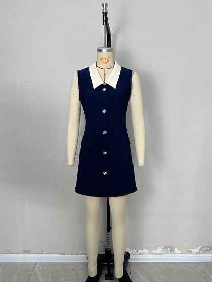 Dark Blue Sheath Dress with Contrast Collar and Gold Buttons