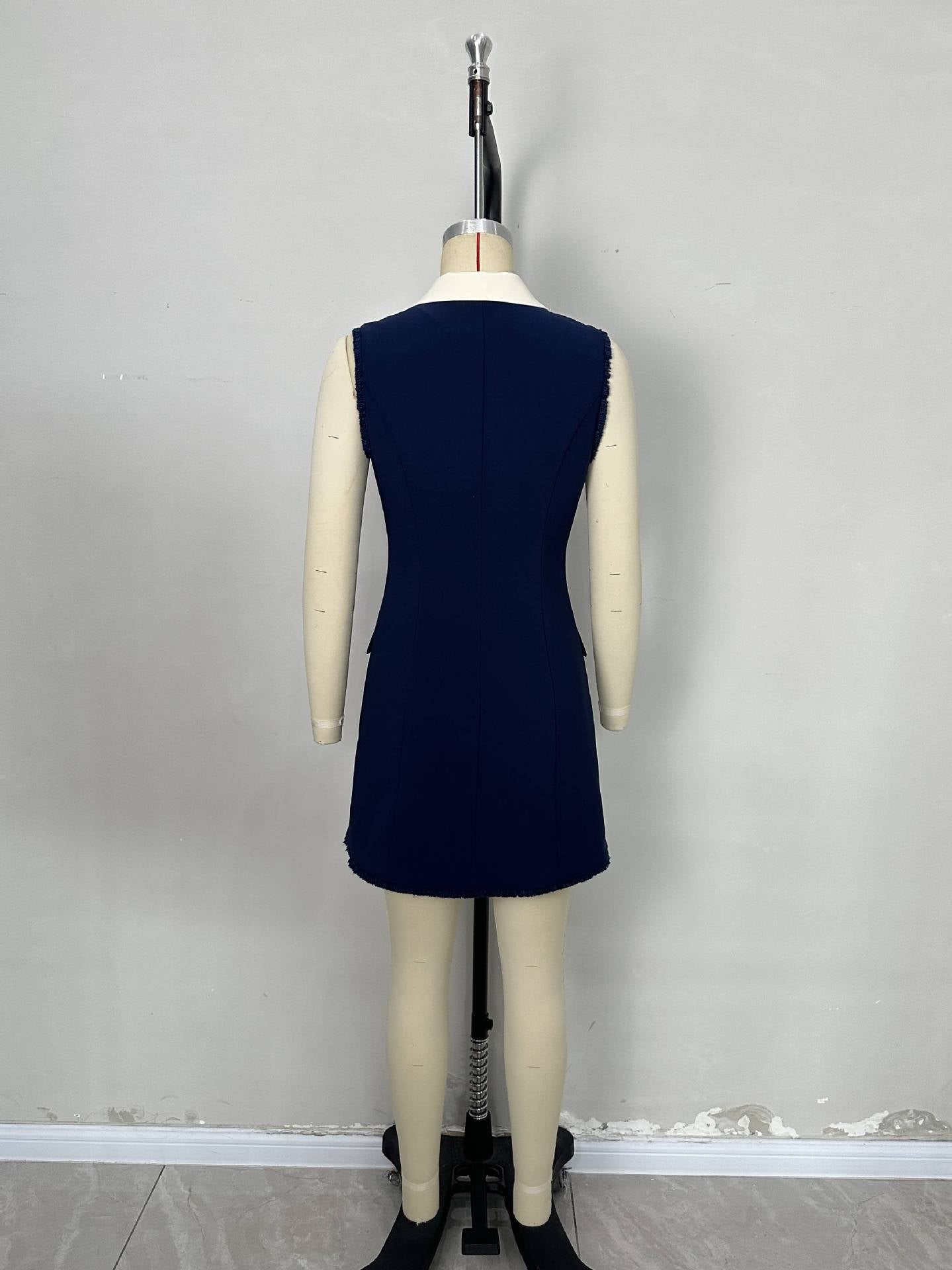 Dark Blue Sheath Dress with Contrast Collar and Gold Buttons