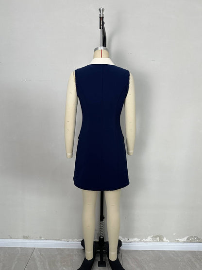 Dark Blue Sheath Dress with Contrast Collar and Gold Buttons