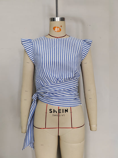 Striped Cap Sleeve Top with Tie-Front Waist