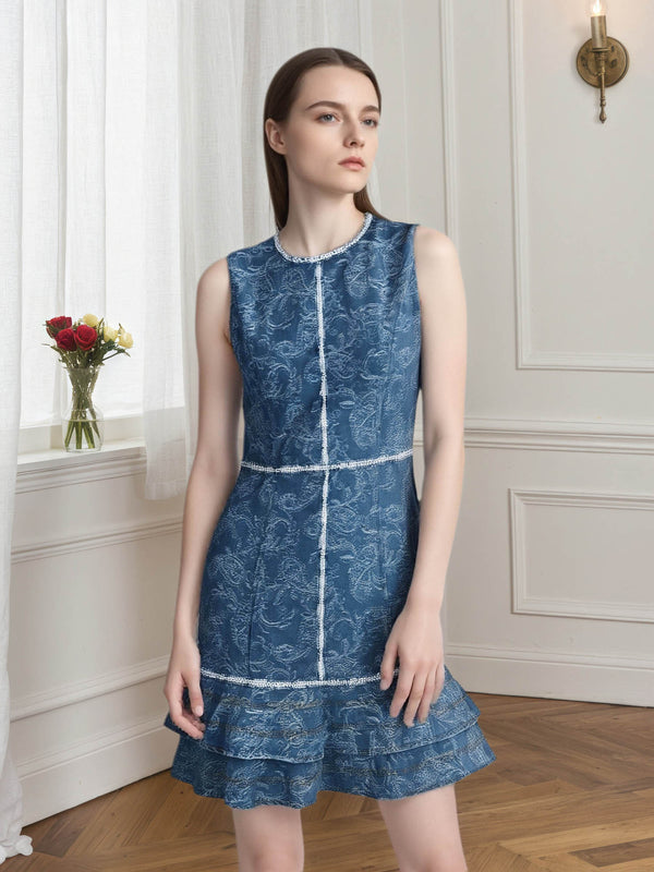 Printed Denim Sleeveless Dress with Contrast Trim & Ruffled Hem