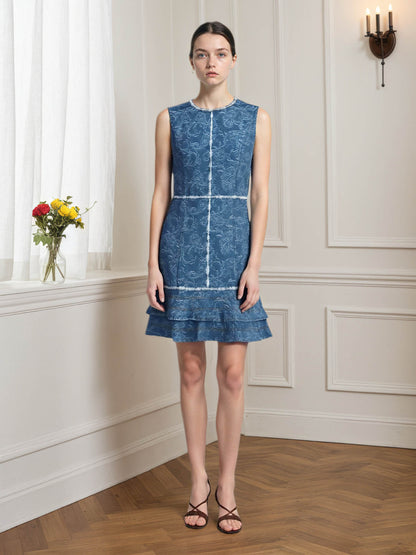 Printed Denim Sleeveless Dress with Contrast Trim & Ruffled Hem