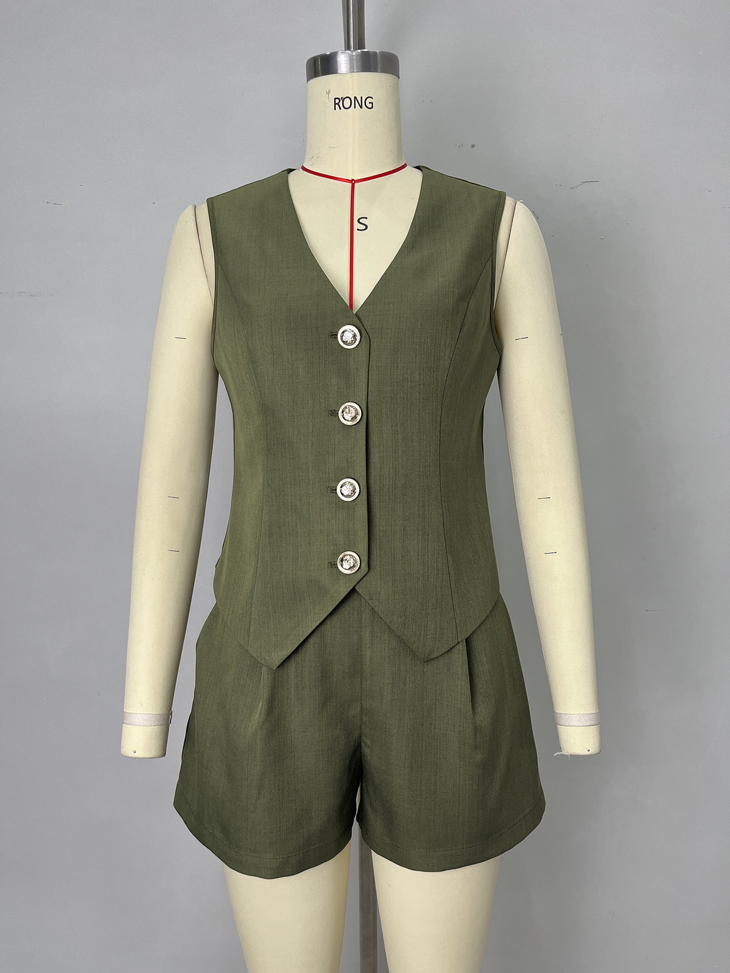 Solid Vest and Shorts Co-ord Set with V-Neck and Buttons