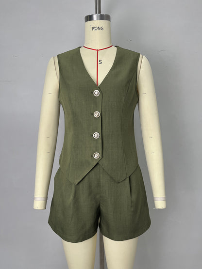 Solid Vest and Shorts Co-ord Set with V-Neck and Buttons
