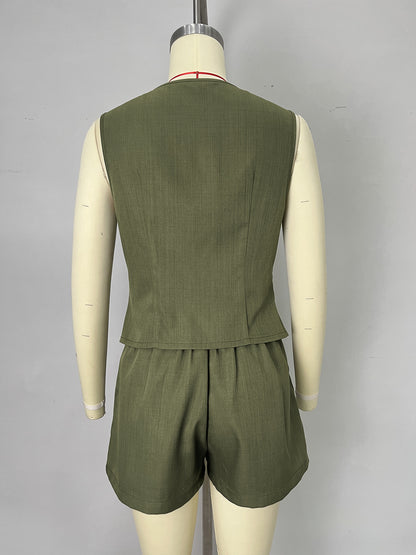 Solid Vest and Shorts Co-ord Set with V-Neck and Buttons