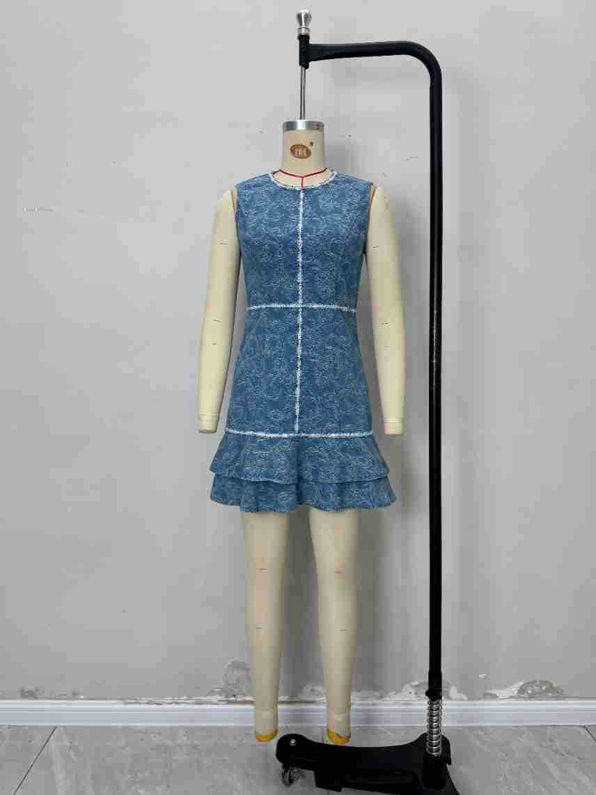 Printed Denim Sleeveless Dress with Contrast Trim & Ruffled Hem