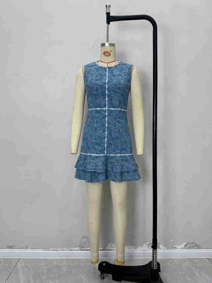 Printed Denim Sleeveless Dress with Contrast Trim & Ruffled Hem