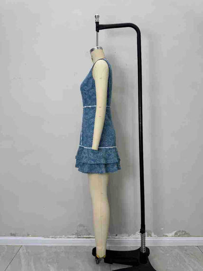Printed Denim Sleeveless Dress with Contrast Trim & Ruffled Hem