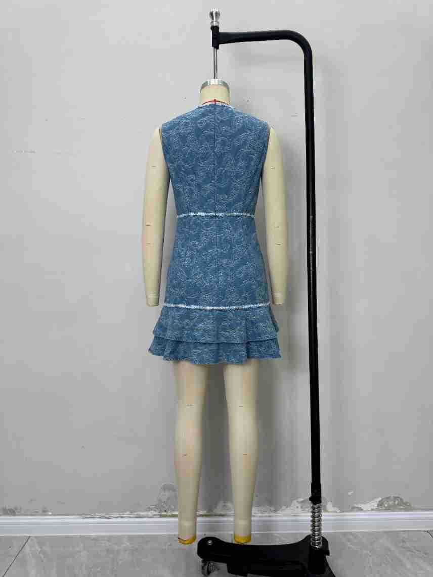 Printed Denim Sleeveless Dress with Contrast Trim & Ruffled Hem