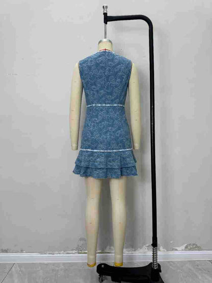 Printed Denim Sleeveless Dress with Contrast Trim & Ruffled Hem