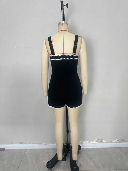 Black Romper with White Scalloped Trim and Pockets