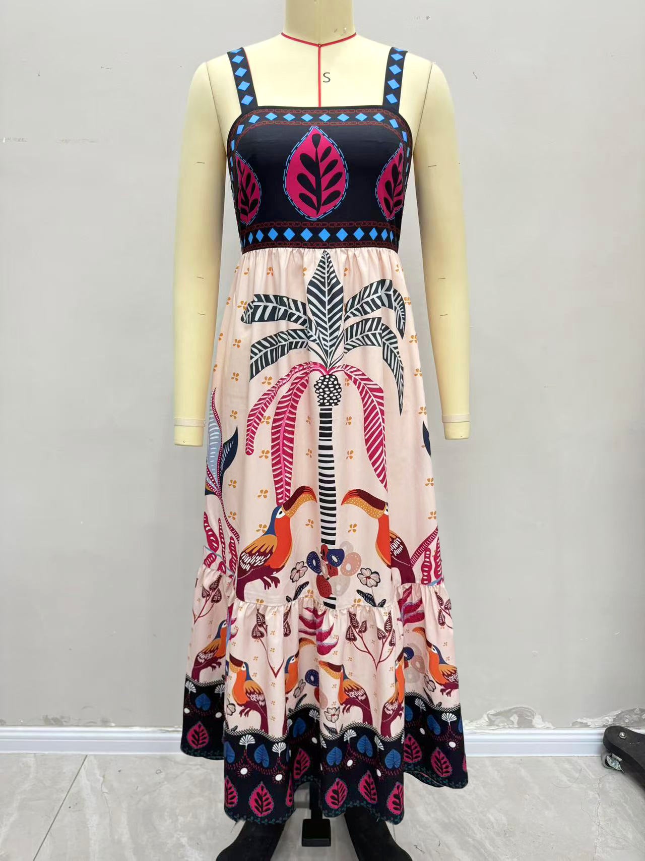 Tropical Toucan & Palm Print Maxi Dress with Strappy Bodice
