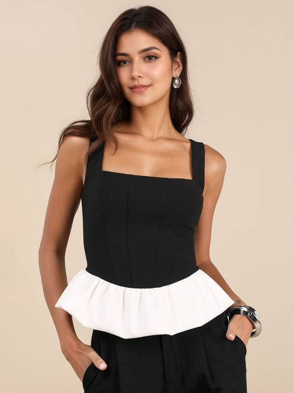 Sleeveless Color Block Top with Square Neck and Peplum Hem